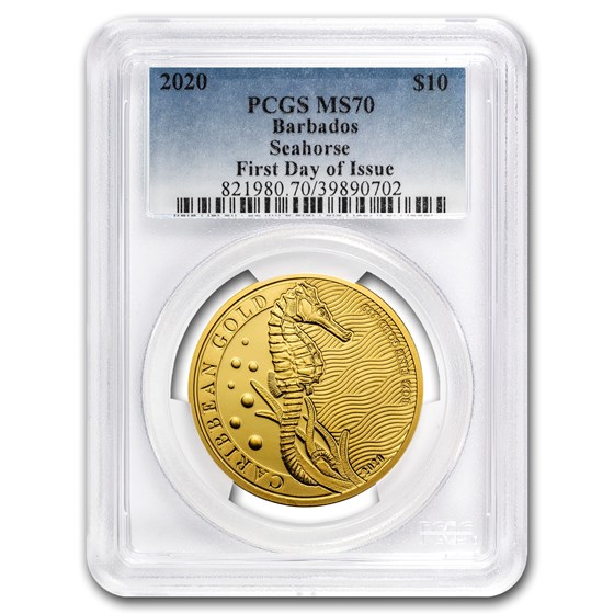2020 Barbados 1 oz Gold Caribbean Seahorse MS-70 PCGS (First Day) 2020 Barbados 1 oz Gold Caribbean Seahorse MS-70 PCGS (First Day)